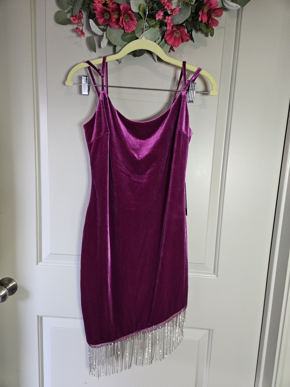 Magenta Velvet Fringe Mini Dress with Delicate Chain Trim